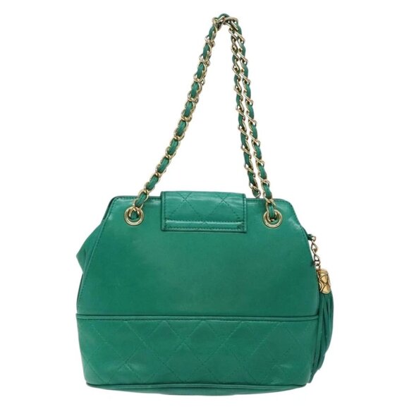 CHANEL Chain Hand Bag Lamb Skin Green Gold CC - Picture 3 of 15